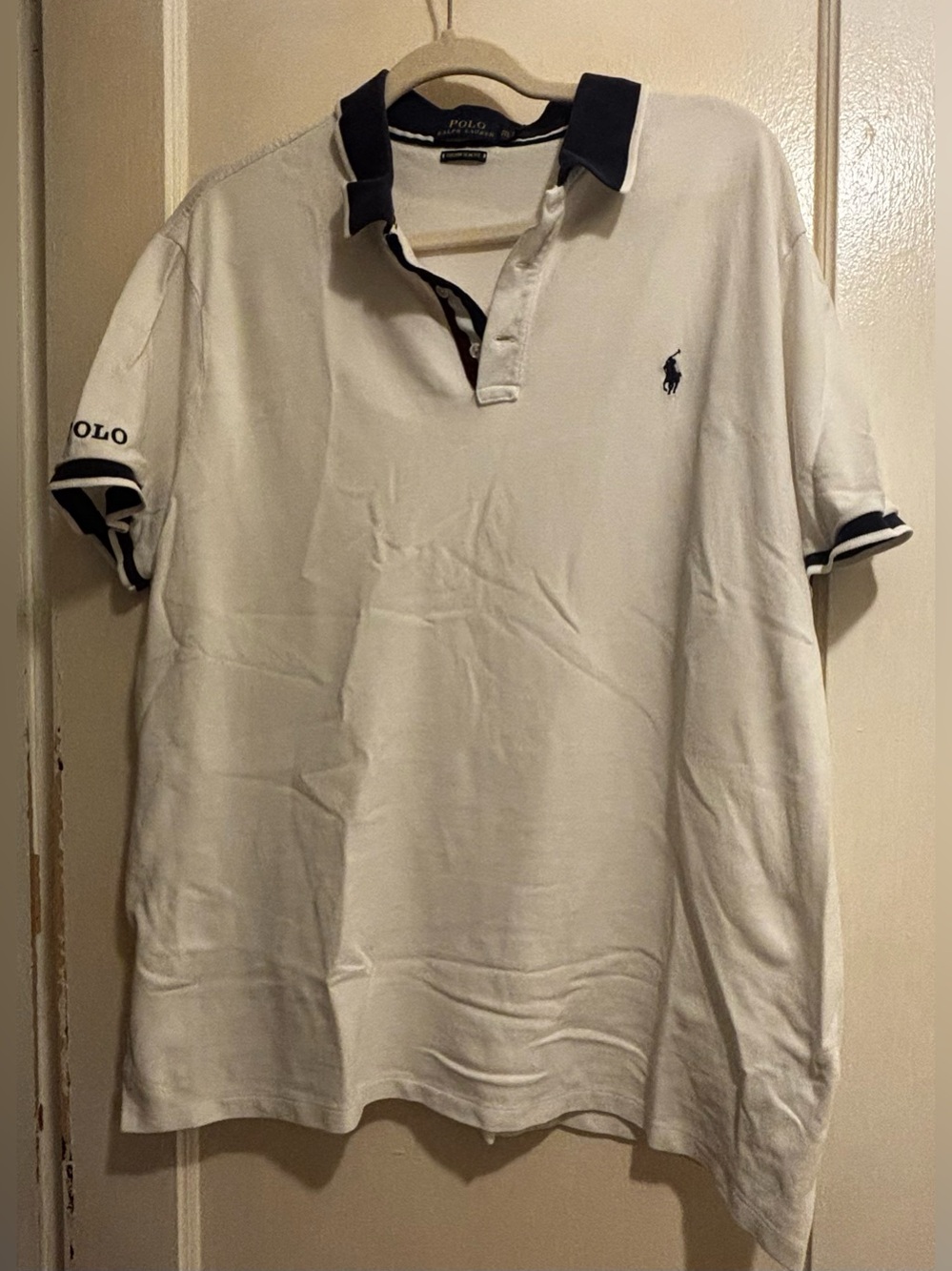 Polo Ralph Lauren Custom Slim Fit Polo Shirt White Navy Logo Men’s XXL